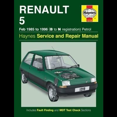 Capa de manual Haynes com carro Renault 5 verde e texto sobre reparação