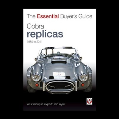 Capa de livro sobre réplicas do carro Cobra com imagem frontal do carro prateado