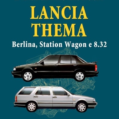 Capa de livro azul com dois carros Lancia Thema e texto em italiano.