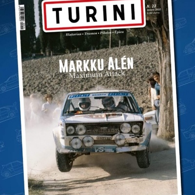 Capa da revista TURINI com carro de rali Fiat branco em ação numa estrada de terra