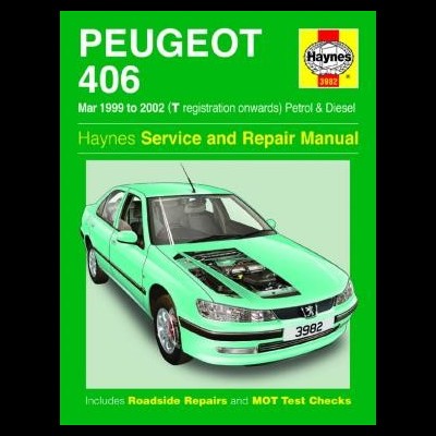 Capa do manual de serviço Haynes para Peugeot 406 com imagem do carro e texto detalhado