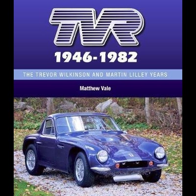 Capa de livro com carro clássico azul e texto sobre TVR 1946-1982