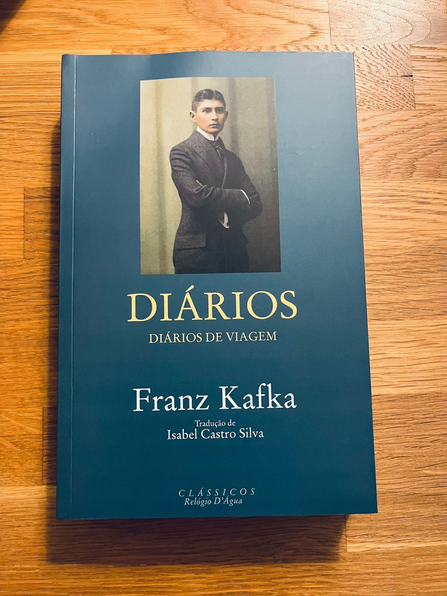 Diários, de Franz Kafka Capa de livro 'Diários' de Franz Kafka com fotografia de homem jovem em fundo azul escuro