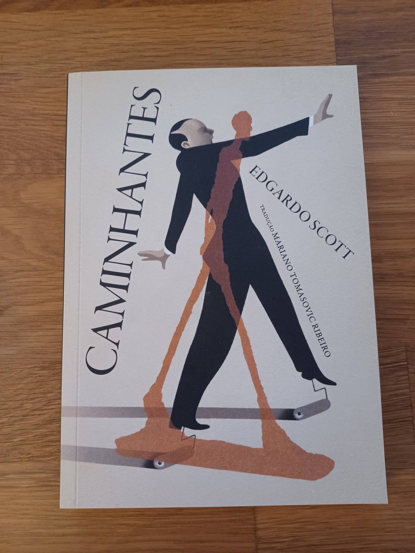 Caminhantes – Flâneurs, Passeantes, Walkmans, Vagabundos, Peregrinos - de Edgardo Scott Capa do livro 'Caminhantes' de Edgardo Scott com ilustração de figura masculina e sombra alaranjada