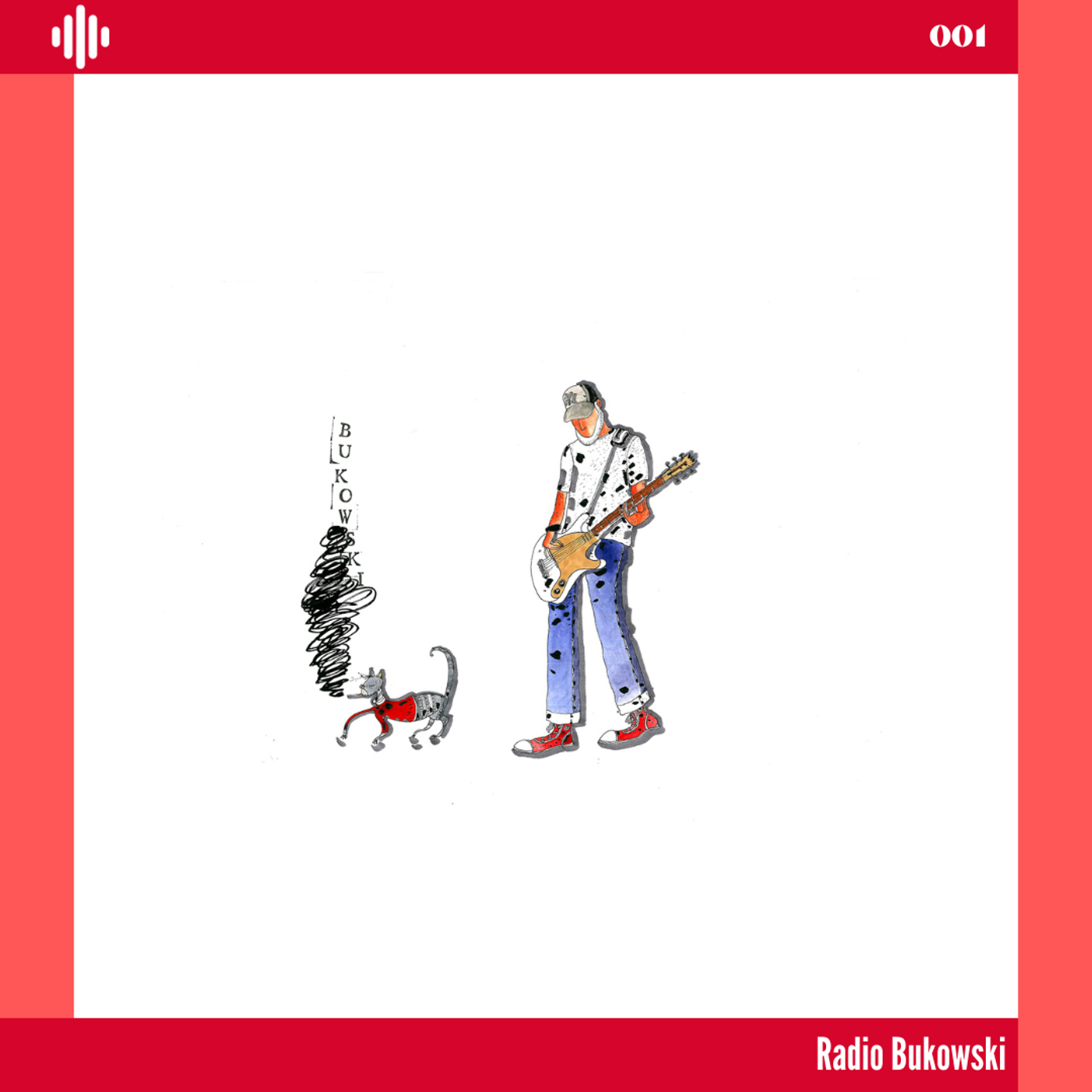 Capa de álbum com ilustração de pessoa com guitarra e gato ao lado, fundo branco e margens vermelhas.