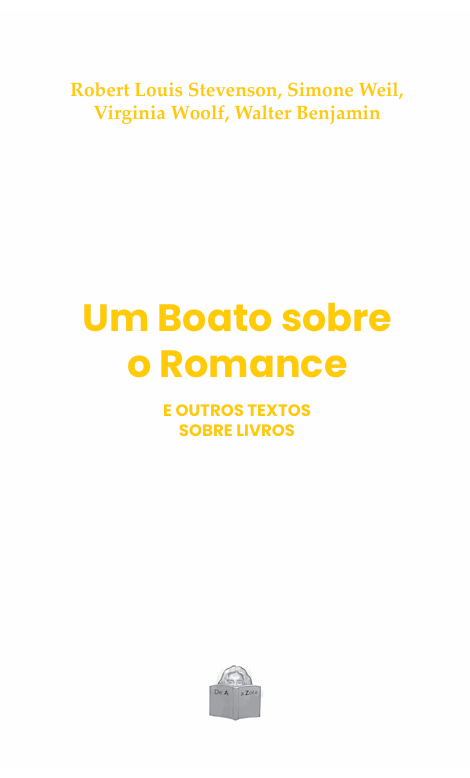 Um Boato sobre o Romance - e outros textos sobre livros Capa de livro branca com texto amarelo e ilustração cinza na parte inferior
