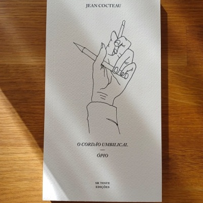 Livro branco com desenho de mão segurando lápis e cigarro sobre mesa de madeira