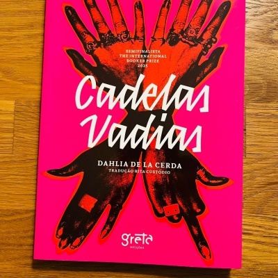 Capa de livro rosa com mãos negras cruzadas e texto em branco Cadeias Vadias