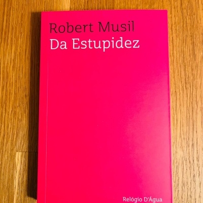 Livro vermelho 'Robert Musil Da Estupidez' em madeira clara