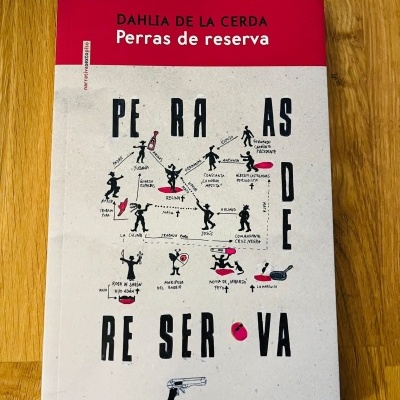 Capa de livro vermelho e branco com texto e ilustrações pequenas em preto e vermelho sobre mesa de madeira