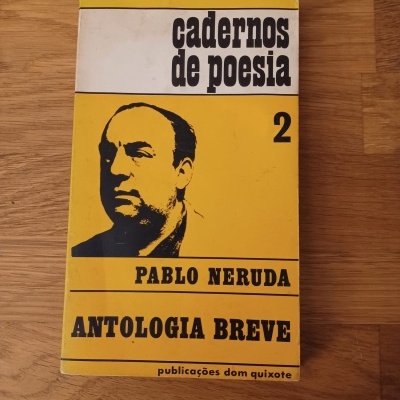 Capa de livro amarelo e branco com ilustração e texto de Pablo Neruda