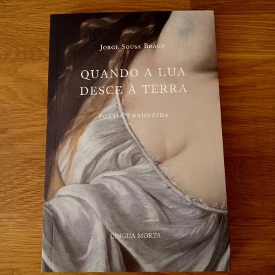 Capa de livro sobre superfície de madeira com título 'Quando a Lua Desce a Terra'