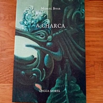 Livro A Charca de Manuel Bivar com capa verde e preto em fundo de madeira.