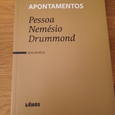 Livro APONTAMENTOS Pessoa Nemésio Drummond capa bege em superfície de madeira