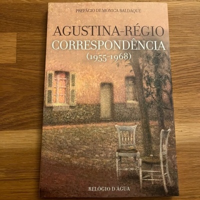 Livro AGUSTINA-RÉGIO CORRESPONDÊNCIA (1955-1968) com capa ilustrada de parede, janela, árvore e cadeiras