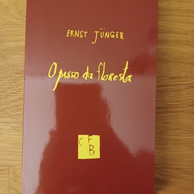 Capa de livro castanha avermelhada com texto amarelo de Ernst Jünger e título O passo da floresta