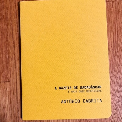 Livro amarelo com título e autor em preto sobre madeira