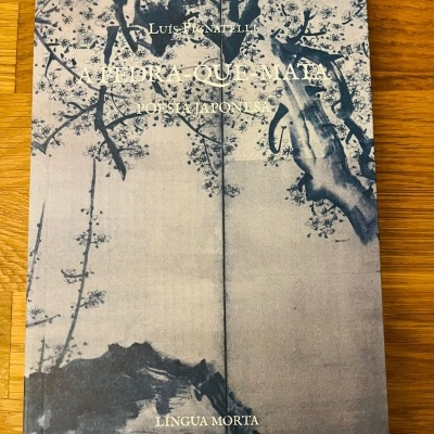 Livro com capa cinzento azulada com imagem de árvores e texto em português