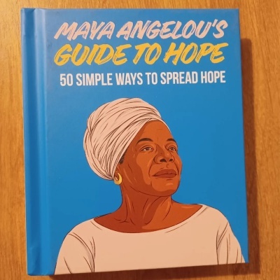 Capa de livro azul com ilustração de mulher e texto em inglês sobre esperança