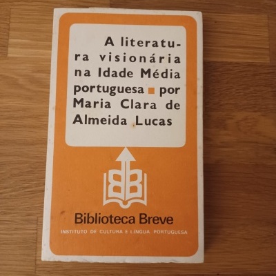 Livro A literatura visionária na Idade Média portuguesa com capa branca e laranja sobre superfície de madeira
