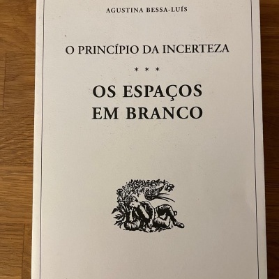 Capa branca de livro com texto preto e ilustração, sobre superfície de madeira