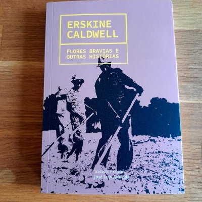 Livro com capa roxa e texto amarelo e branco, com figura humana em preto sobre madeira.