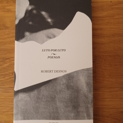 Capa de livro LUTO POR LUTO POEMAS de Robert Desnos em fundo de madeira