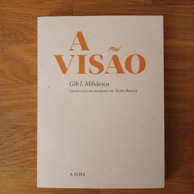 Livro intitulado A VISÃO de Gib I. Mihăescu sobre mesa de madeira