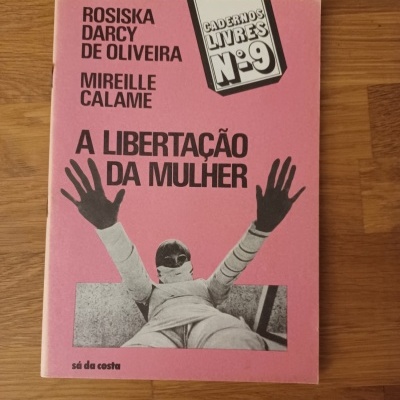 Capa de livro cor de rosa com texto preto e imagem preta e branca de pessoa com braços levantados.
