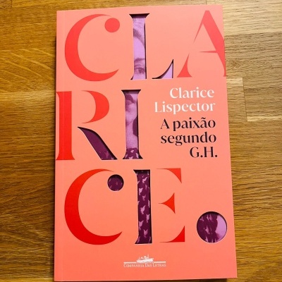Livro com capa rosa com letras vermelhas e recortes mostrando padrão roxo, título Clarice Lispector A paixão segundo G.H.