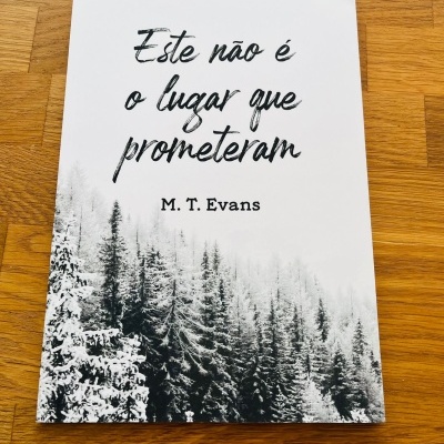 Livro com capa branca, imagem de floresta nevada e texto em preto sobre mesa de madeira.