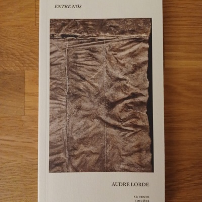Capa de livro 'ENTRE NÓS' de Audre Lorde sobre mesa de madeira