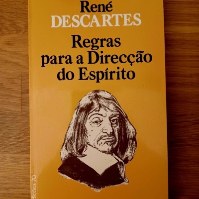 Capa de livro amarelo com título e ilustração de René Descartes