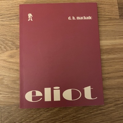 Livro bordô com título 'eliot' e autor 'd.h. machado' sobre madeira clara