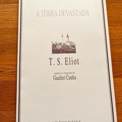 Capa de livro 'A Terra Devastada' de T. S. Eliot com texto e ilustração