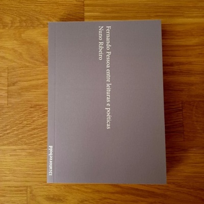 Livro cinzento com título 'Fernando Pessoa entre figuras e poéticas' de Nuno Ribeiro sobre chão de madeira