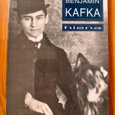 Capa de livro com foto a preto e branco de homem de chapéu e cão, texto WALTER BENJAMIN KAFKA e Hiena.
