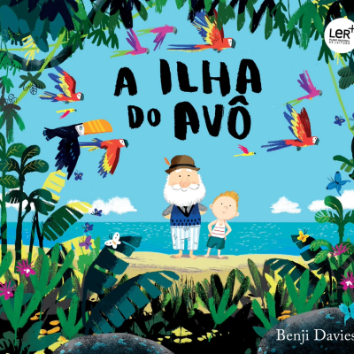 Capa de livro infantil com avô e criança numa ilha tropical com pássaros e mar azul