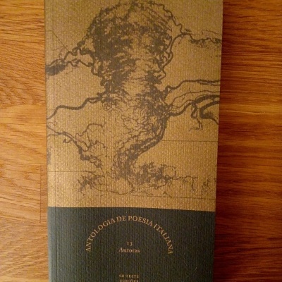 Livro 'ANTOLOGIA DE POESIA ITALIANA 13 Autoras' sobre madeira