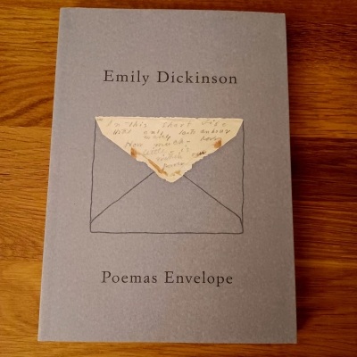 Capa de livro cinzenta com envelope desenhado e texto 'Emily Dickinson Poemas Envelope'