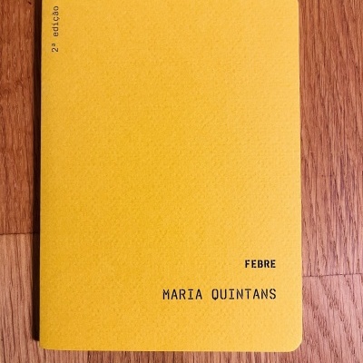 Livro capa amarela com texto preto sobre madeira