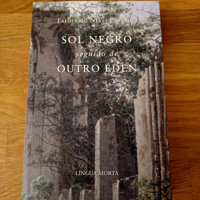 Capa de livro 'SOL NEGRO seguido de OUTRO ÉDEN' com imagem de colunas antigas e vegetação