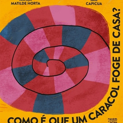 Capa de livro infantil com caracol colorido e texto em amarelo.