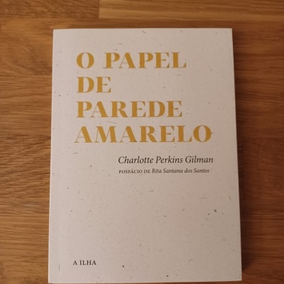 Capa de livro branco com texto amarelo e preto sobre mesa de madeira