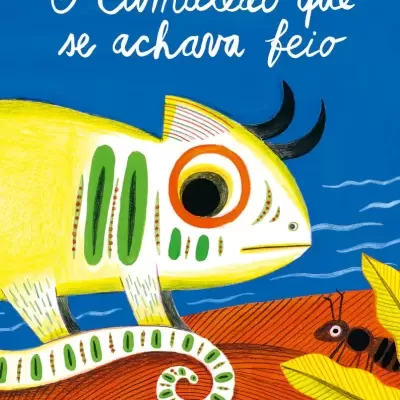 Capa de livro infantil ilustrada com camaleão amarelo e verde e formiga