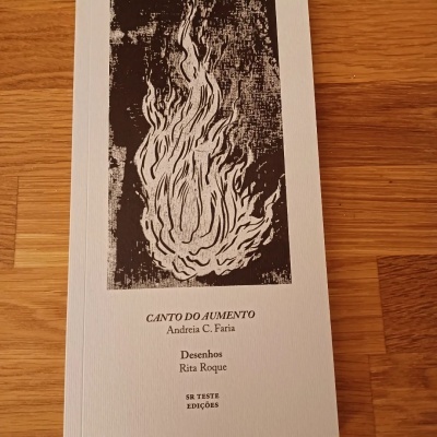 Folheto ou livro estreito com ilustração de chama e texto impresso