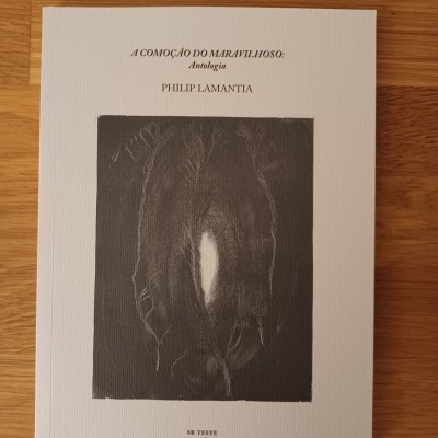 Livro 'A COMOÇÃO DO MARAVILHOSO: Antologia' de Philip Lamantia com ilustração e texto, sobre madeira