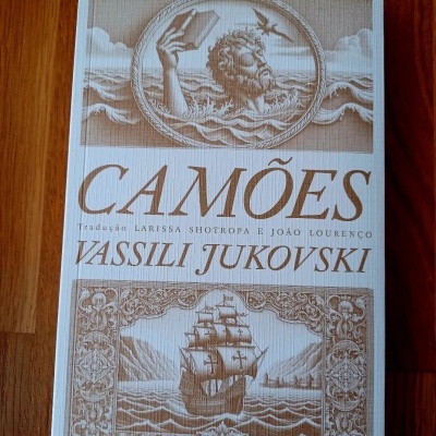 Capa de livro 'Camões' de Vassili Jukovski com ilustrações em castanho