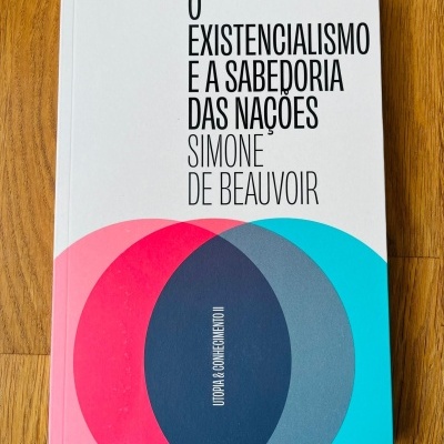 Livro O Existencialismo e a Sabedoria das Nações com design colorido, em cima de madeira clara