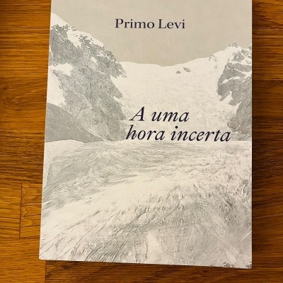 Capa do livro 'A uma hora incerta' de Primo Levi com ilustração de montanhas cinzentas